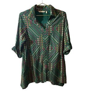 Soft Surroundings Green Embroidered Roll Tab Sleeve Tunic Top Petite Small PS